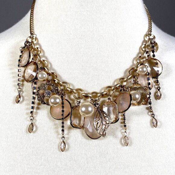 Antiqued Loaded Charm Necklace Gold Tone Box Chain Flower Dangle Leaves Collar - Picture 8 of 8